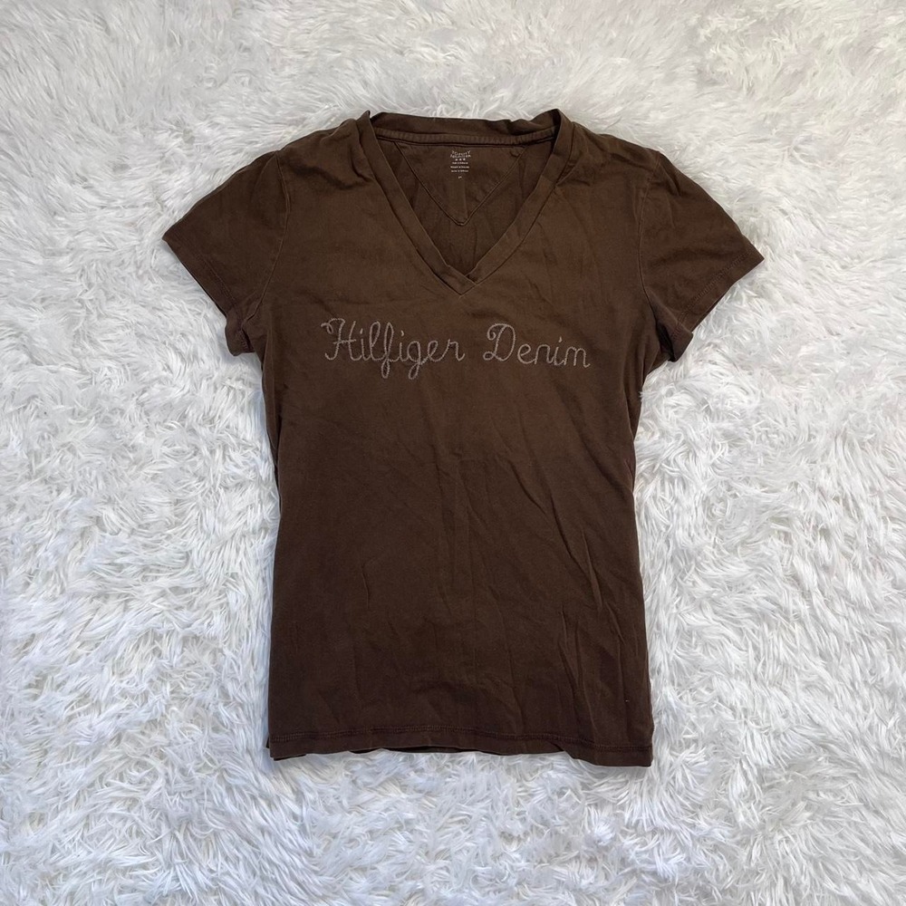 y2k tommy hilfiger brown embroidered v neck top medium
